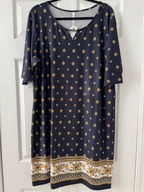 Navy Shift Dress with Gold Medallion Print